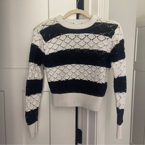 Milly STRIPED POINTELLE PULLOVER Open‎ Knit Navy Blue Ecru Sweater